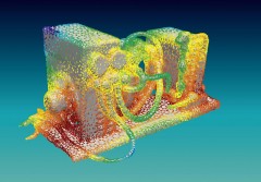 Result of a beam-forming analysis mapped to the surface of a test heat pump. The colours show the intensity of the noise source at roughly 1 kHz, Photo:AIT