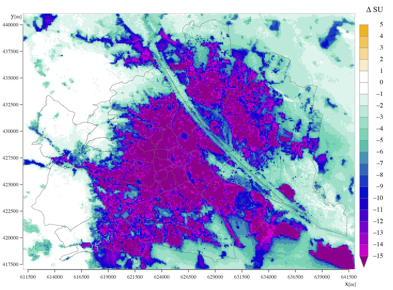 Microclimatic simulation for Vienna – theoretical overall potential, change in average annual number of hot days compared to the reference simulation based on the normal climatic period 1981-2010, source: ZAMG