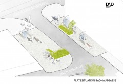 Lichtreflektierendes Pflaster, Begrünungen und Nebelduschen, Projekt „Kühle Meile“, Zieglergasse, 1070 Wien; Copyright: D/D Landschaftsplanung, www.dnd.at