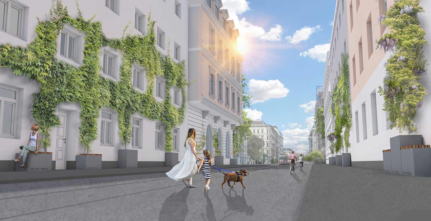 The 50 green-facade modules are mounted on the street-facing side. Illustration: GsG_Isabel Muehlbauer