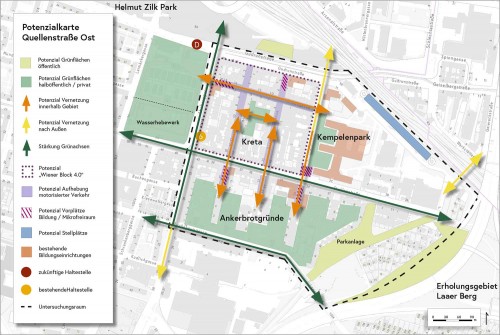 Für das Gebiet Quellenstraße Ost in Innerfavoriten, 1100 Wien, wurden die Potenziale für die Umsetzung von grünen Infrastrukturmaßnahmen ermittelt. Hauptaugenmerk liegt auf dem dichten gründerzeitlich geprägten Bestand, da hier besonders dringender Handlungsbedarf besteht. Abbildung: TU Wien