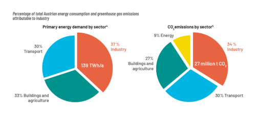 Percentage of total Austrian energy consumption and greenhouse gas emissions  attributable to industry