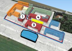 First construction phase: Buildings 1, 3, 4, two solar thermal collector fields with a total area of 100 m2, one geothermal probe field (yellow) for seasonal storage of heat, foundation storage under the buildings, parts of the anergy network (red and blue lines), building heat pumps (black) and storage tanks (white), Source: AEE INTEC