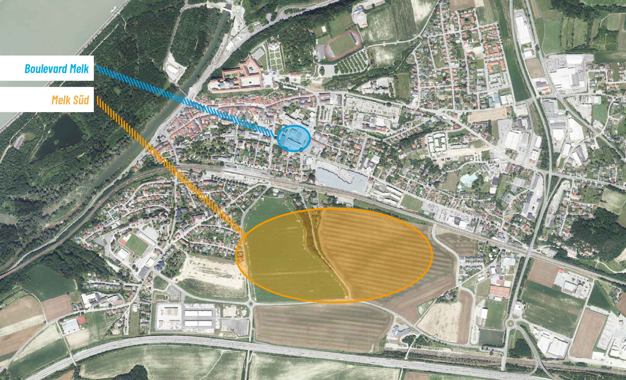 Boulevard Melk 2 ha, 18,000 m2 GFA, non-residential use, 150 residents, 2023 to 2026 Melk South 60 ha, 350,000 m2 GFA, residential use, 2,700 residents, 2025 to 2040 Background picture: atlas.noe.gv.at/basemap.at