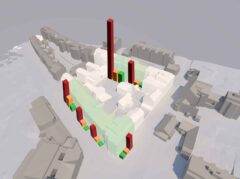 Quartier Baumgarten - Energiedaten und mögliche Ausbauphasen (rote Säulen - Gesamtenergiebedarf vor Sanierung, orange Säulen - potenzieller Gesamtenergiebedarf nach Sanierung und Energieträgerwechsel, grüne Säulen - Potenzial für Photovoltaik am Gebäude), Abbildung: Anton Feirer/aap.architekten ZT-GmbH